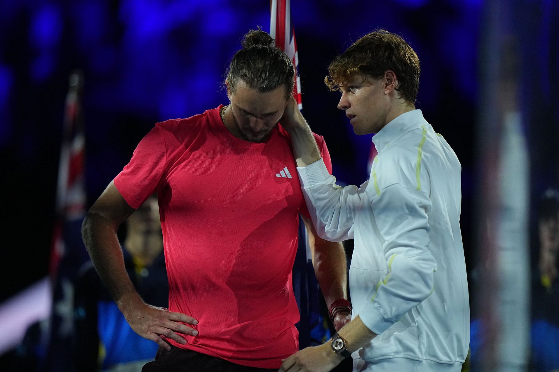 Alexander Zverev (left) being consoled by Jannik Sinner (right) after losing to the Italian in the men's singles final of the 2025 Australian Open (Source: Getty)